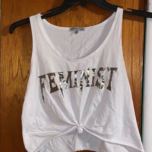 White crop top with metallic lettering